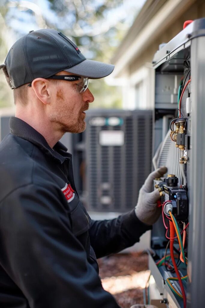 Skilled HVAC technician meticulously servicing a state-of-the-art HVAC unit in a modern home, demonstrating precision and professionalism