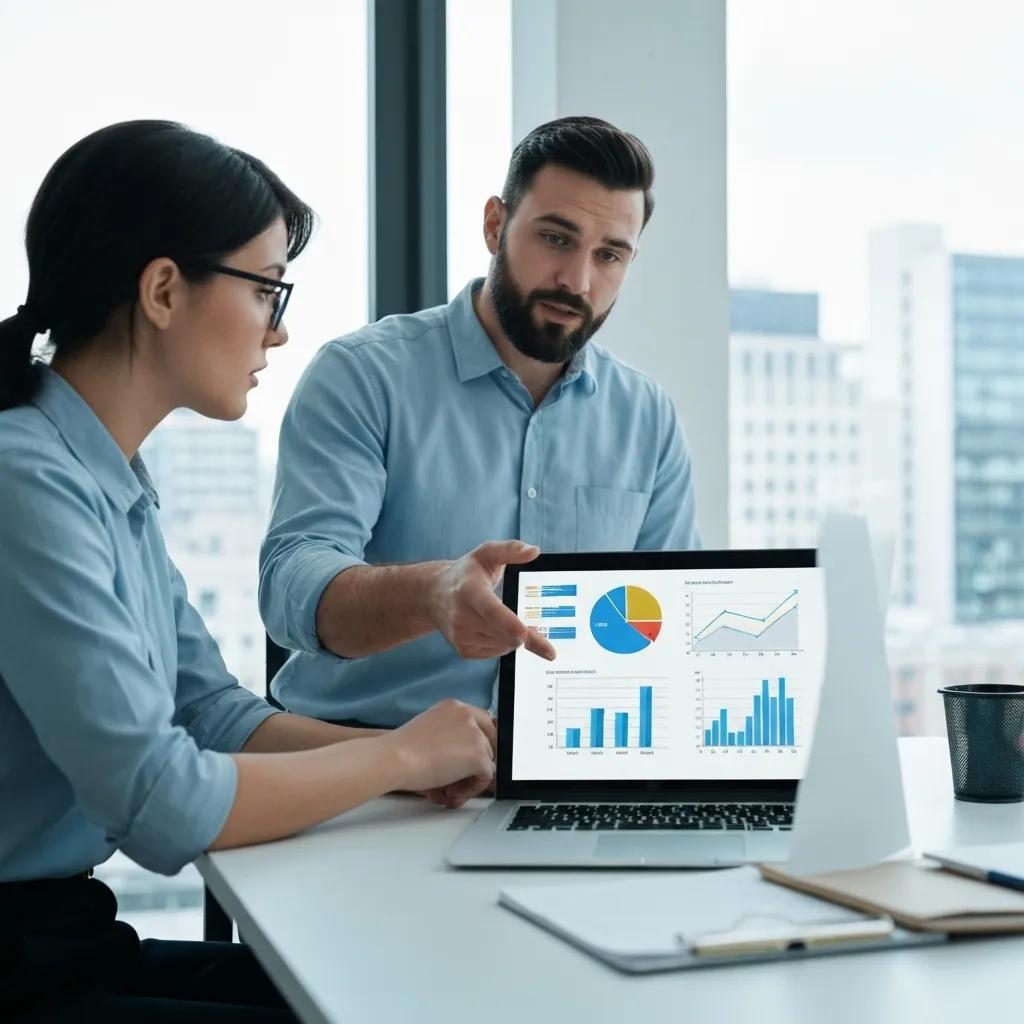 An HVAC coach and a business owner in a focused meeting, analyzing profit growth strategies for large commercial contracts using data displayed on a laptop screen