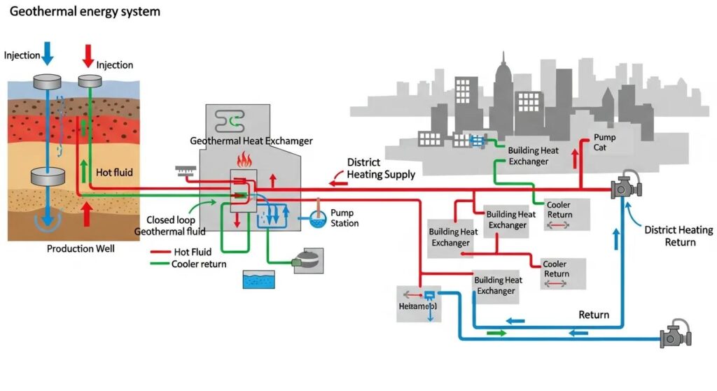 Geothermal energy system diagram illustrating injection and production wells, geothermal heat exchanger, and district heating supply connections for efficient thermal energy distribution.