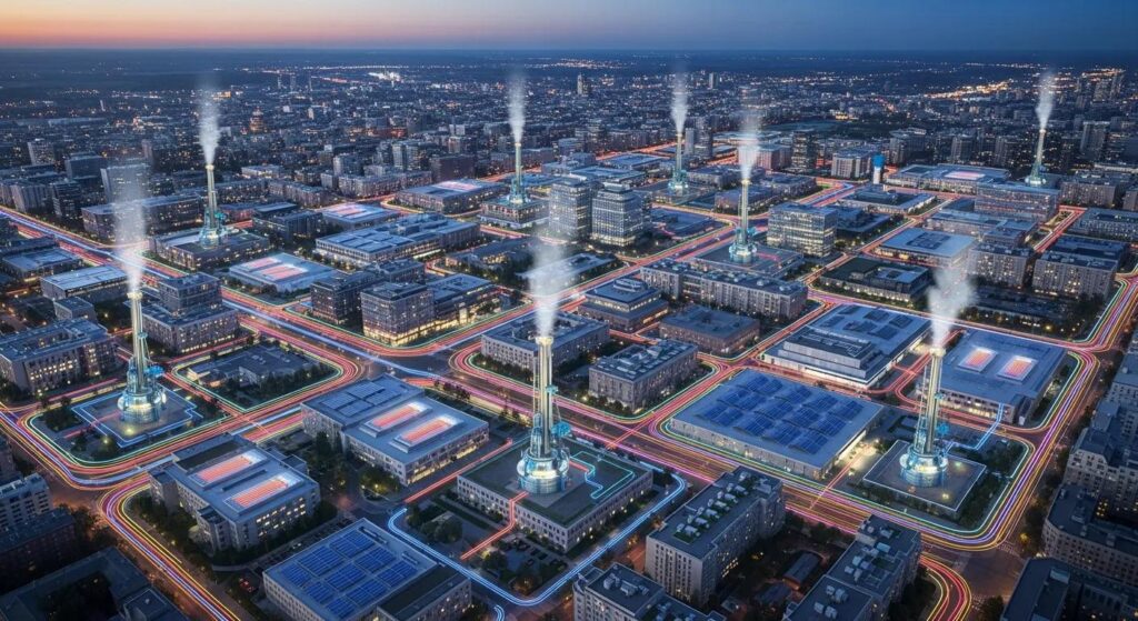 Aerial view of a futuristic urban landscape featuring thermal energy networks, with buildings, geothermal towers emitting steam, and illuminated pathways, highlighting advancements in thermal energy systems for 2026.