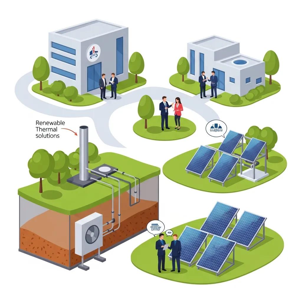 Illustration of renewable thermal solutions, featuring geothermal heat pump system, solar thermal collectors, and business professionals discussing integration of sustainable energy technologies.