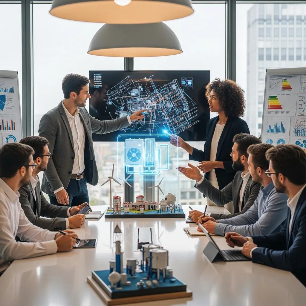 Consultants discussing thermal energy network projects in a modern office setting, with digital blueprints displayed on a screen and models of energy systems on the table.