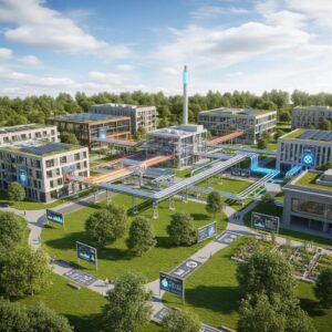 Modern thermal network showing interconnected buildings and low‑carbon heat sources