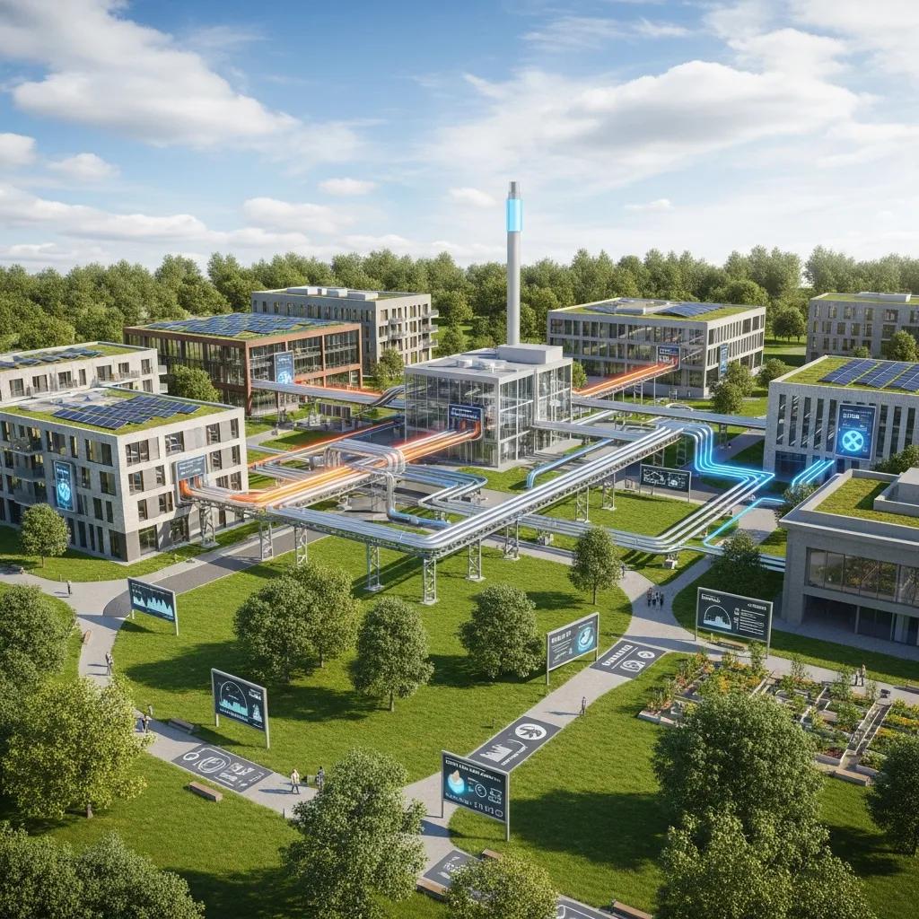Modern thermal energy network with interconnected buildings, sustainable heat sources, and visible distribution infrastructure, showcasing low-carbon heating and cooling solutions.