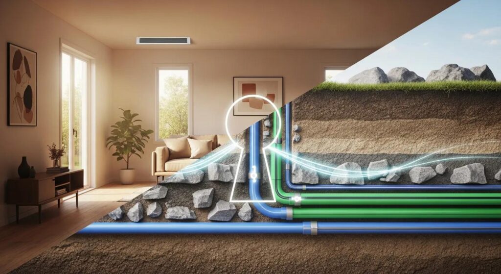 Interior view of a living room with geothermal HVAC system illustration, highlighting underground pipes and energy flow for efficient heating and cooling.