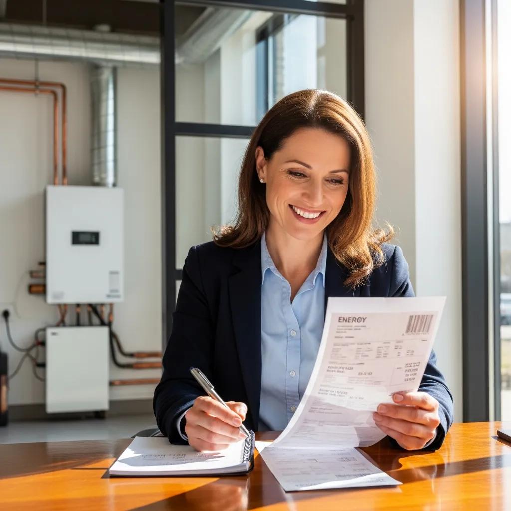 Business owner reviewing energy bills with geothermal HVAC system in the background, highlighting cost savings and sustainability benefits.