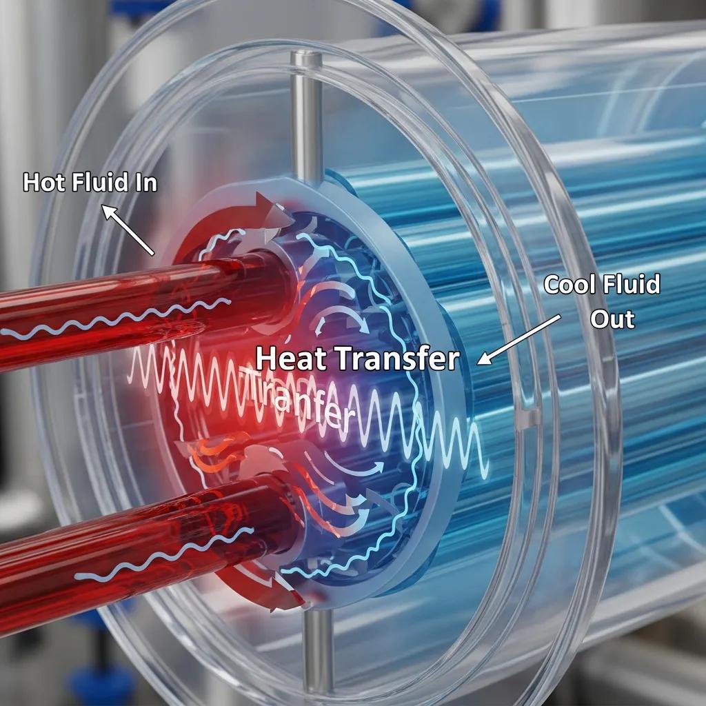 Close-up of a heat exchanger illustrating thermal energy transfer, with labeled hot fluid in and cool fluid out, emphasizing heat transfer processes in thermal energy networks.