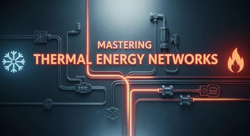 Mastering thermal energy networks graphic featuring pipes, snowflake and flame icons, emphasizing efficient energy systems for sustainable practices.