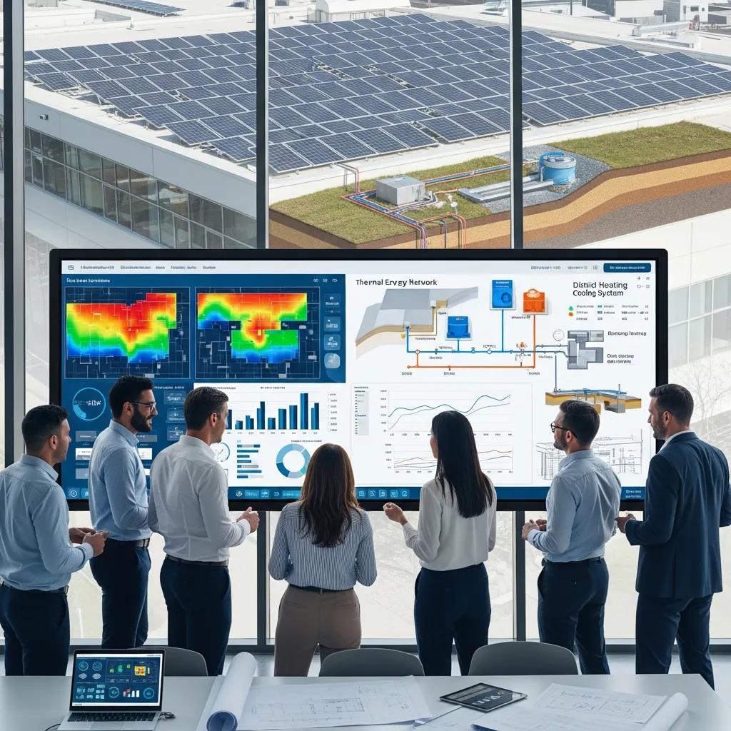 Professionals discussing thermal energy networks and energy efficiency in a commercial setting, analyzing data on a large screen with solar panels visible outside.