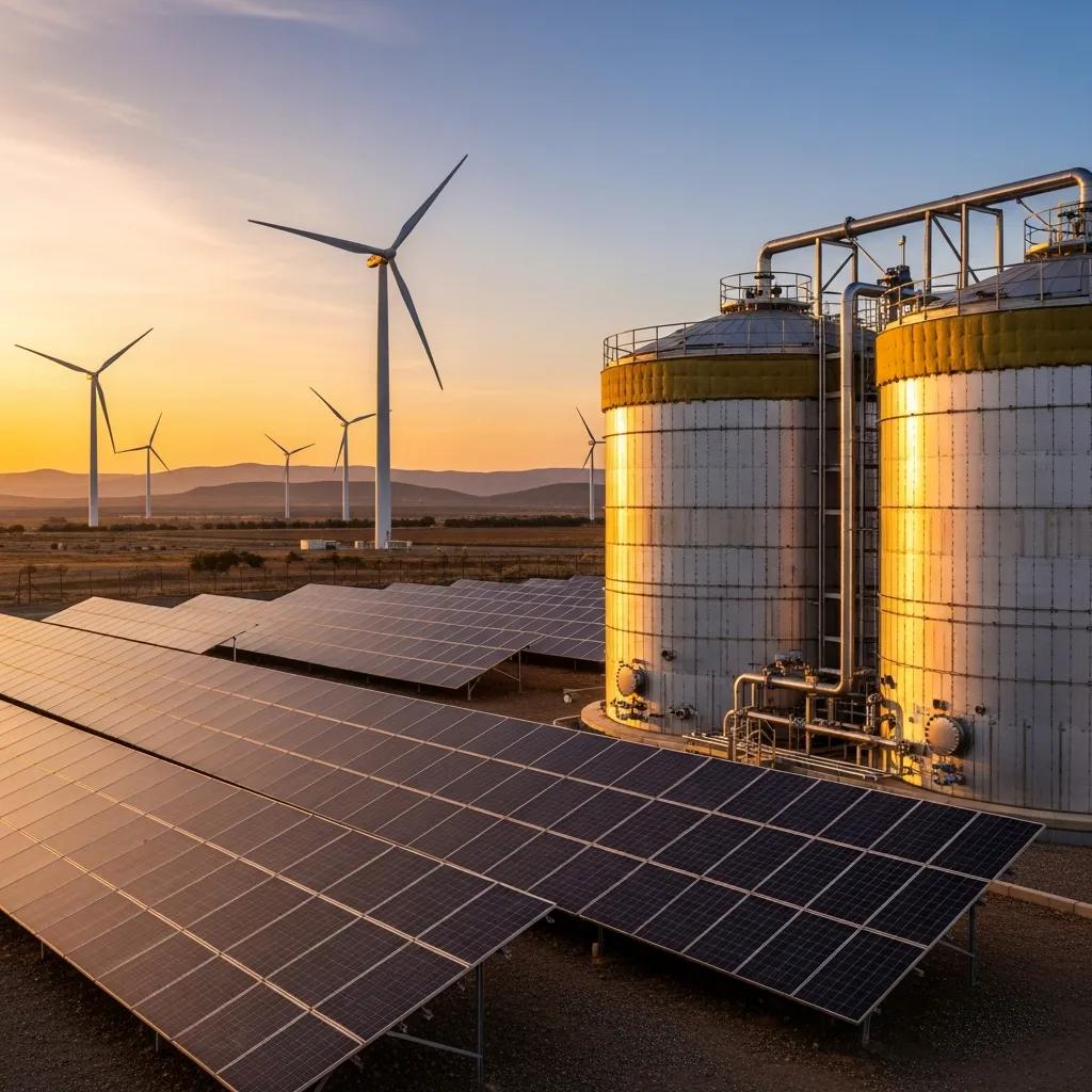 Thermal energy storage system with insulated tanks, solar panels in foreground, and wind turbines in background, illustrating renewable energy integration for efficient thermal network performance.